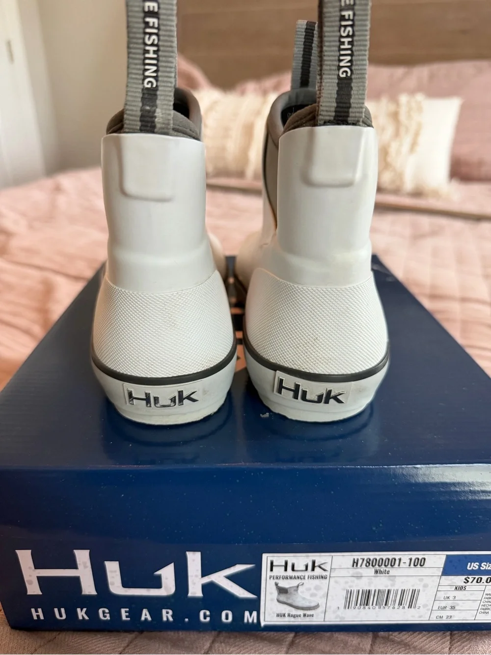 Huk White and Gray kids Slip-On Rain/ fishing Boots